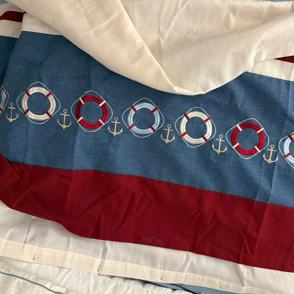 Nautical Anchor Life Preserver Shower Curtain Red Blue White Fabric‎ w/ 12 Hooks